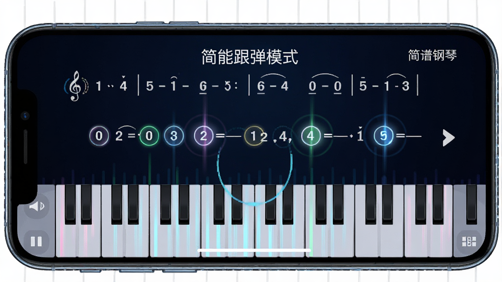 手机屏幕显示智能跟弹模式界面,主体是简谱曲谱和下方虚拟键盘,布局上谱面有高亮音符跳动,风格科技感与音乐感结合,细节上高亮音符有发光效果,画质高清干净,画面中带有