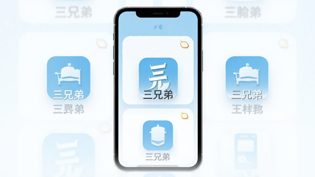 一部手机屏幕中展示三兄弟应用内多个功能模块整齐排列,画面采用扁平化设计风格,主体为手机与功能图标,布局居中对称,配色清新浅蓝与白色,细节表现图标阴影与文字