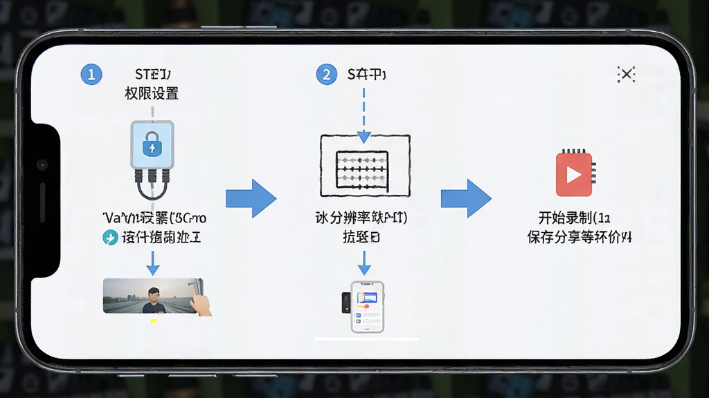 高清屏幕录制助手新手操作流程图解,画面以手机屏幕为载体展示从安装到录制的完整步骤,包含权限设置、分辨率选择、开始录制、保存分享等环节,布局采用纵向流程图形式,排版清晰明了,风格为扁平化信息图,细节包含步骤序号、箭头引导、图标示意,画质干净整洁,无多余装饰