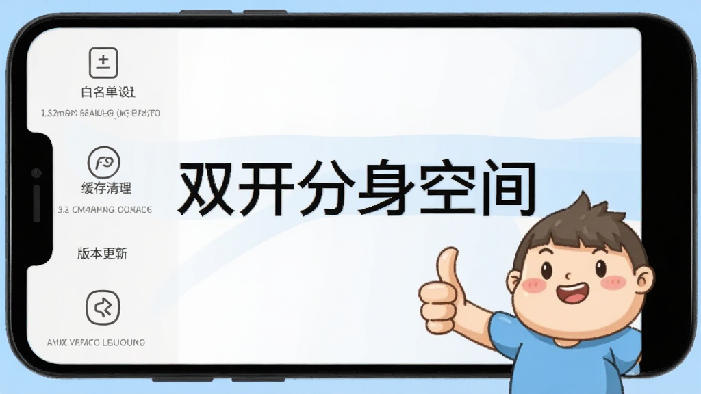 一部安卓手机屏幕显示双开分身空间的设置界面,界面中包含白名单设置、缓存清理、版本更新等选项,手机旁边有一个卡通人物竖起大拇指,背景为浅蓝色,画面中央有文字