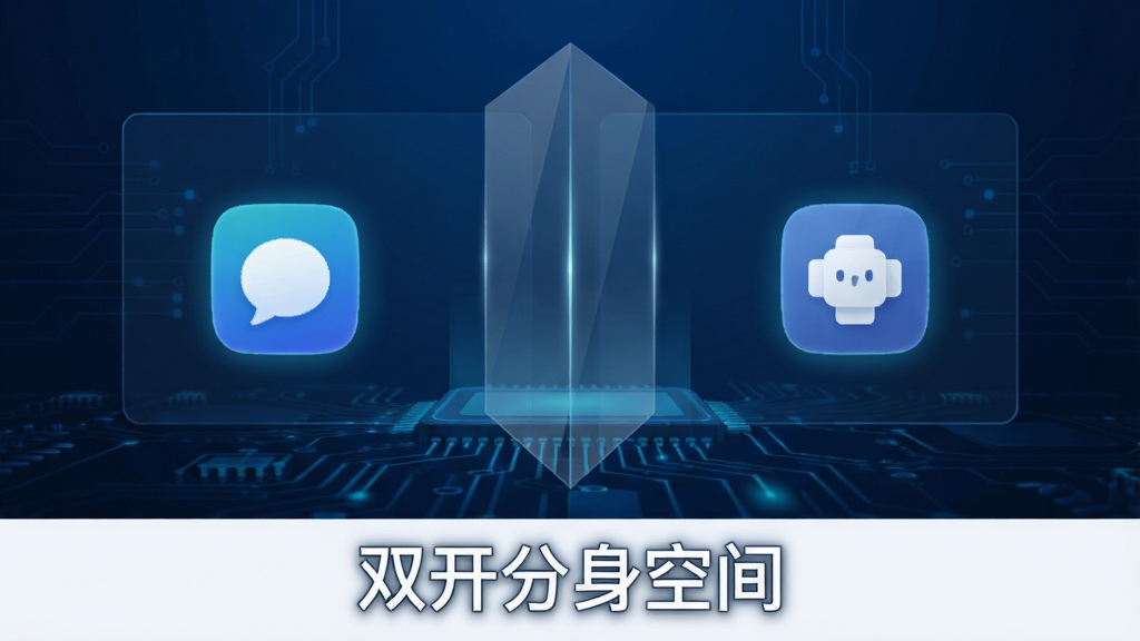 一幅展示双开分身空间独立运行原理的示意图,画面左侧是主应用空间,右侧是分身应用空间,中间用透明屏障隔开,两个空间内各有一个应用图标在运行,背景为深蓝色科技风格,画面下方有文字