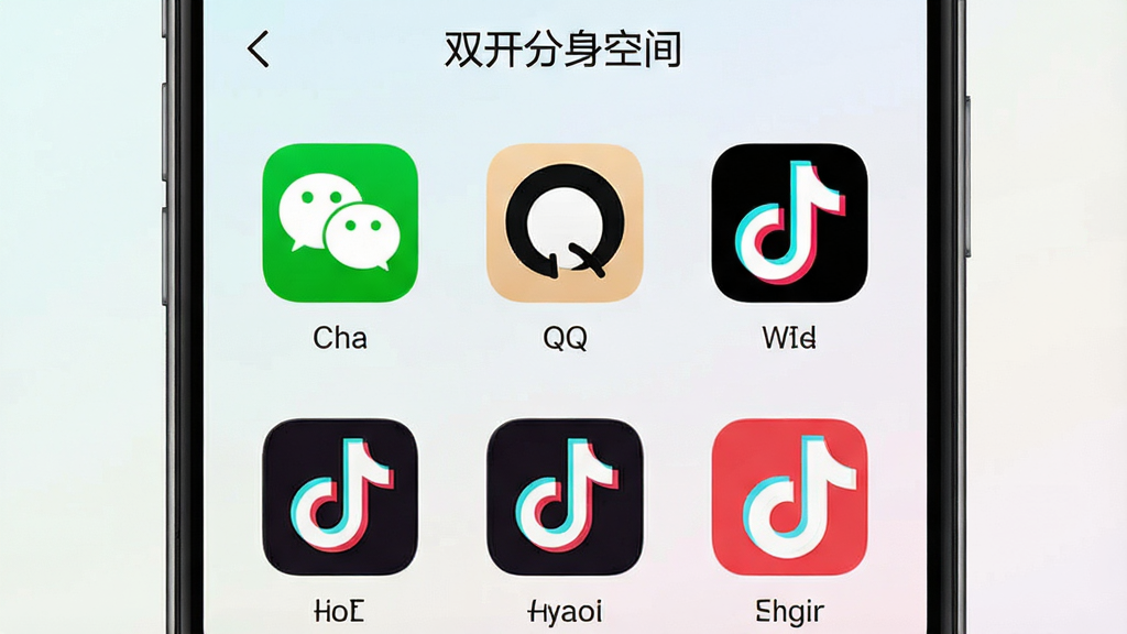 一张展示双开分身空间软件界面的手机截图,画面中央是软件主界面,清晰显示已添加的多个应用分身图标,包括微信、QQ、抖音等常用应用,背景为简洁的浅色渐变,界面干净整洁,画质清晰,无多余元素,手机屏幕中显示文字