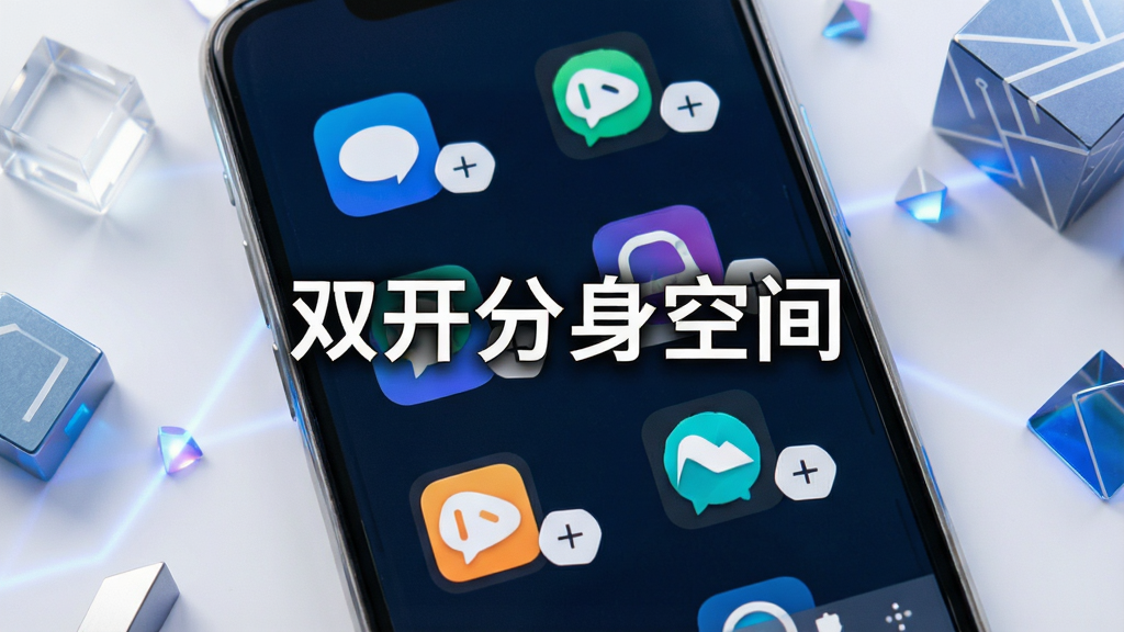 一部安卓手机屏幕特写,屏幕中显示双开分身空间的应用添加界面,多个应用图标整齐排列,每个图标旁边有