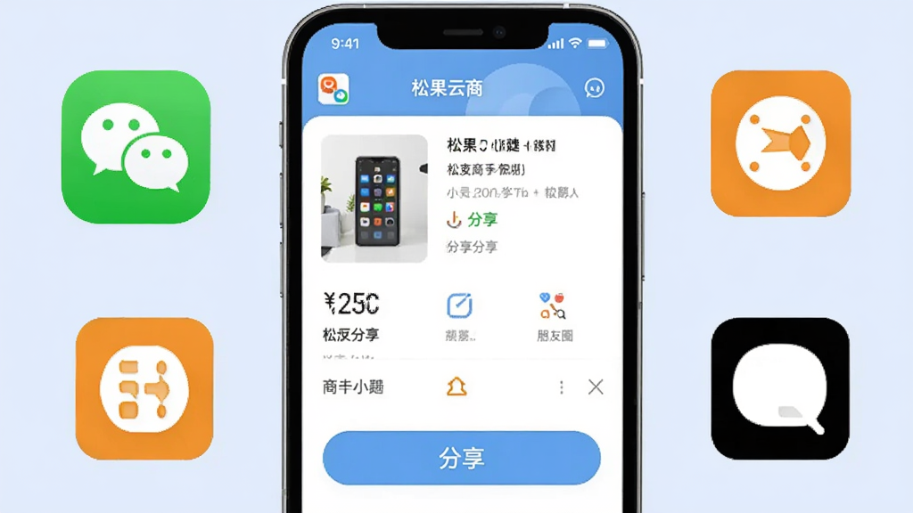 一部智能手机展示松果云商App的商品分享界面,画面中手机屏幕显示商品详情页和分享按钮,周围有微信、朋友圈、QQ等社交平台图标环绕,背景为柔和的浅蓝色,风格清新简约,扁平化设计,细节清晰,画质干净,无多余元素