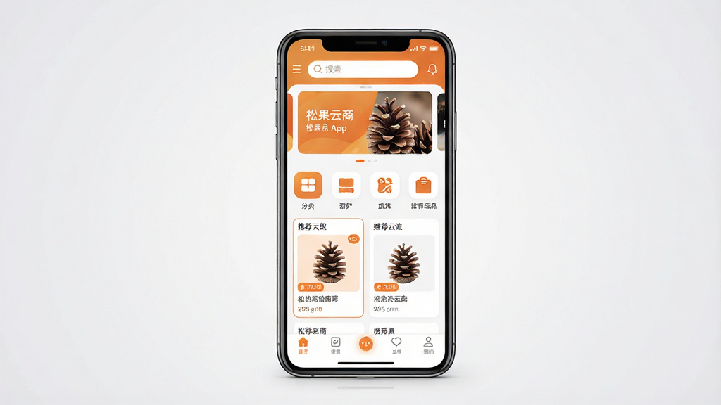 一张展示松果云商App首页整体布局的手机界面预览图,画面中央放置一部竖屏智能手机,手机屏幕上显示松果云商应用的主页,页面顶部有搜索栏和轮播图,中部为商品分类图标和推荐商品卡片,底部为导航菜单栏,整体配色以暖橙色和白色为主,风格简洁现代,扁平化UI设计,细节清晰,画质干净,背景为浅灰色渐变,无多余元素