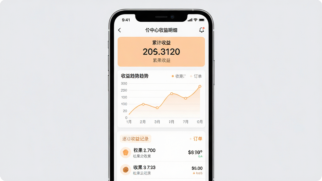 松果云商App个人中心收益明细页面截图风格插图,手机屏幕显示收益数据看板和订单列表,页面上方有累计收益数字,中部为收益趋势图表,下方为逐笔收益记录,配色以白色和浅橙色为主,风格清爽商务,扁平化设计,细节清晰,画质干净,背景为纯色浅灰,无多余元素