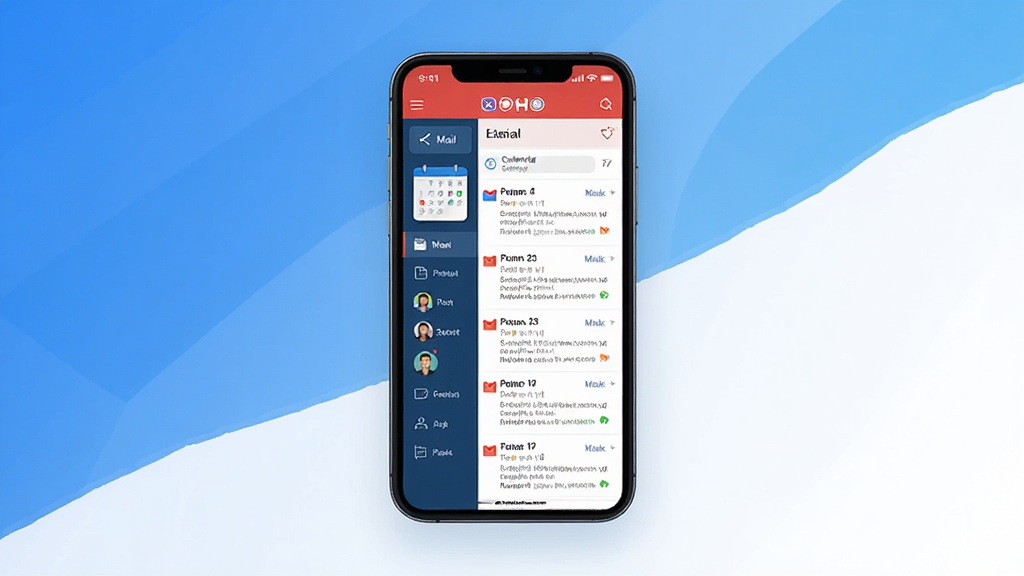 一张展示 Zoho Mail 应用界面的概念图,画面中央是智能手机屏幕,屏幕内呈现邮箱收件箱列表与左侧功能菜单,背景为简洁的蓝白渐变商务风格,整体布局清晰,排版采用居中构图,风格为现代扁平化设计,细节包括邮件图标、日历小部件与联系人头像,画质高清,干净,无多余元素