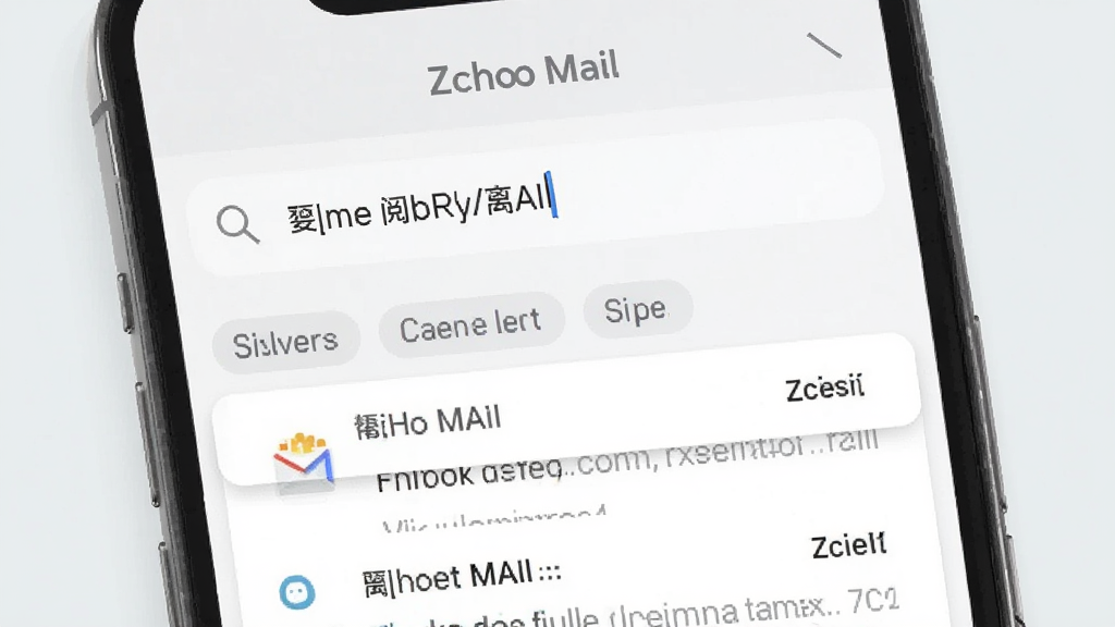 一张展示 Zoho Mail 离线阅读与快速搜索功能的手机界面图,画面中手机屏幕显示搜索框内输入关键词后弹出筛选结果列表,背景为浅灰色,布局为上下结构,风格为极简现代 UI 设计,细节包括放大镜图标、筛选标签与邮件预览片段,画质高清,干净,无多余元素