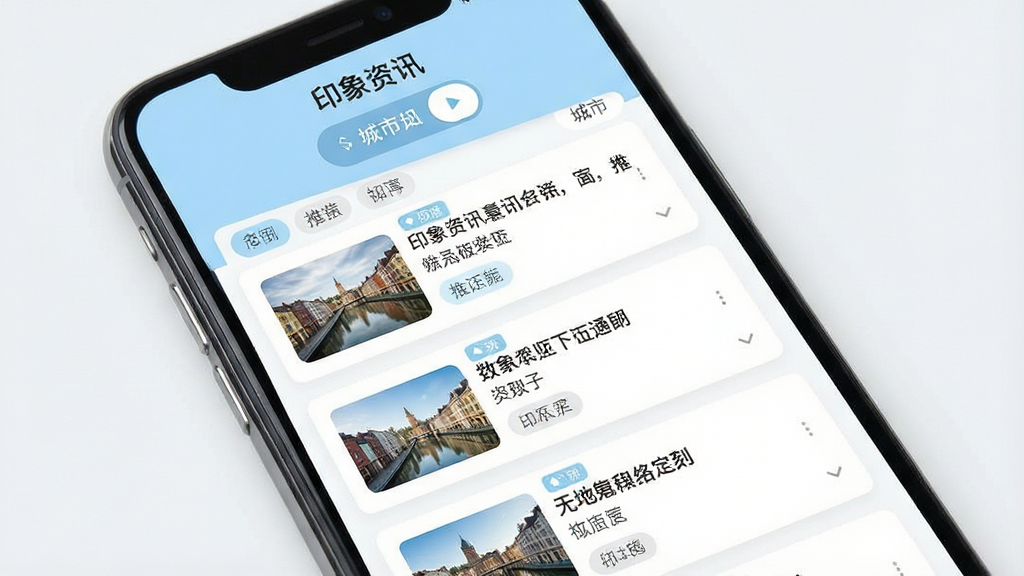 一张展示印象资讯本地资讯聚合功能的界面图,画面主体为手机屏幕,屏幕内显示按地理位置推荐的资讯列表,每条资讯带有缩略图和标题,顶部有城市切换按钮。布局采用纵向列表排版,风格简洁现代,配色以浅蓝和白色为主,细节上体现卡片分隔和标签分类,画质清晰干净,画面中带有“印象资讯”文字标识,无多余装饰元素。