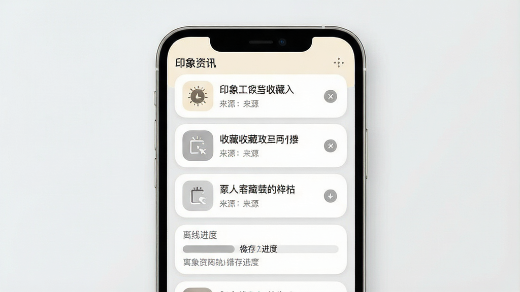 一张展示印象资讯收藏与离线阅读功能的界面图,画面主体为手机屏幕,屏幕内显示收藏夹列表和离线缓存进度条,每条收藏带有标题和来源标识。布局为纵向列表,风格柔和圆角,配色以米白和浅灰为主,细节上体现缓存图标和分类标签,画质清晰,画面中带有“印象资讯”文字,整体干净整洁。
