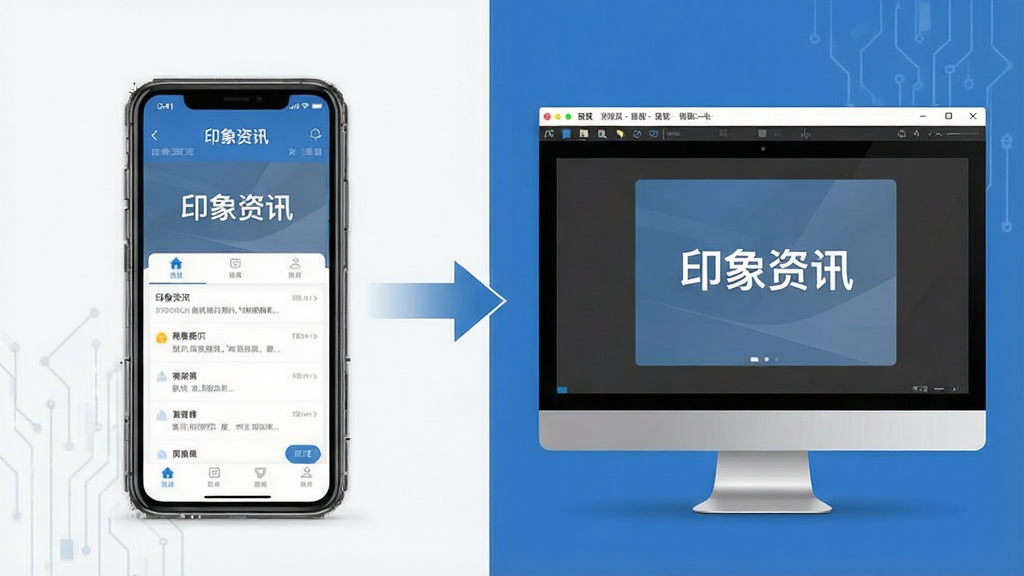 一张展示印象资讯在手机与电脑模拟器上运行对比的图片,画面左侧为手机屏幕显示应用界面,右侧为电脑模拟器窗口显示相同应用,中间有连接箭头。布局为左右对比排版,风格科技简约,配色以蓝灰和白色为主,细节上体现设备边框和界面同步效果,画质清晰,画面中带有“印象资讯”文字,整体干净无多余元素。