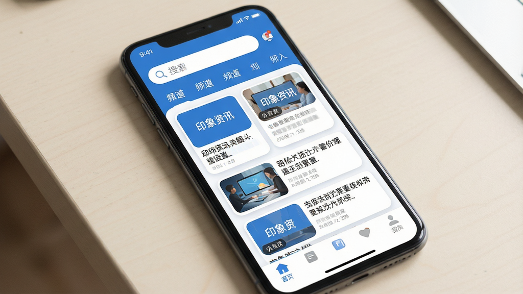 一张手机屏幕展示资讯类应用首页的图片,画面中央是印象资讯软件的主界面,顶部有搜索栏和频道分类标签,中部为图文混排的资讯卡片列表,底部为导航菜单。整体布局干净清爽,采用现代扁平化设计风格,配色以蓝白为主,细节上体现圆角卡片和柔和阴影,画质清晰,界面无多余元素,背景为浅色桌面环境,突出软件名称“印象资讯”。