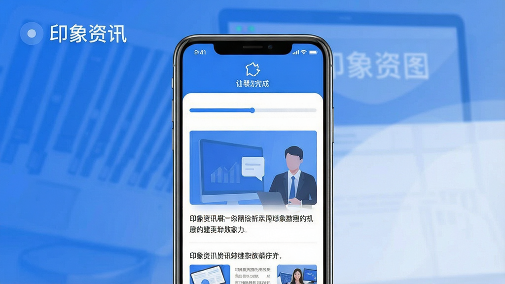 一张展示印象资讯快速加载特性的图片,画面为手机屏幕展示资讯详情页,页面内容已完整呈现,顶部有加载完成标识。布局采用图文混排,风格现代扁平,配色以蓝白为主,细节上体现进度条和流畅的过渡效果,画质清晰,画面中带有“印象资讯”文字,背景简洁无多余元素。