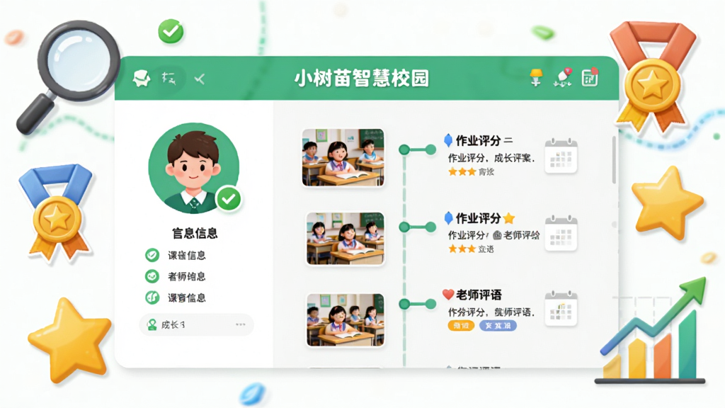 画面中央是“小树苗智慧校园”应用中的成长档案页面截图,页面以时间轴形式展示学生的课堂照片、作业评分与老师评语,周围环绕着放大镜、奖章、五角星和成长曲线图等元素,布局采用左右分栏结构,左侧为头像与基本信息,右侧为动态记录流,整体风格为清新明快的UI插画,细节包括绿色对勾图标、日历标记与彩色标签,画质高清,背景干净无杂物,突出教育科技感