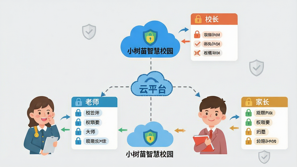 一张展示多角色权限管理的示意图,画面中分别画出校长、老师、家长三个卡通人物形象,每个人物面前悬浮着不同权限面板,面板上带有锁形图标与功能列表,中间用虚线连接至“小树苗智慧校园”云平台,布局采用三角形构图,风格为扁平化信息图,细节包括不同颜色的身份标签、数据流向箭头与盾牌安全符号,画质清晰,背景为浅灰色,干净无干扰
