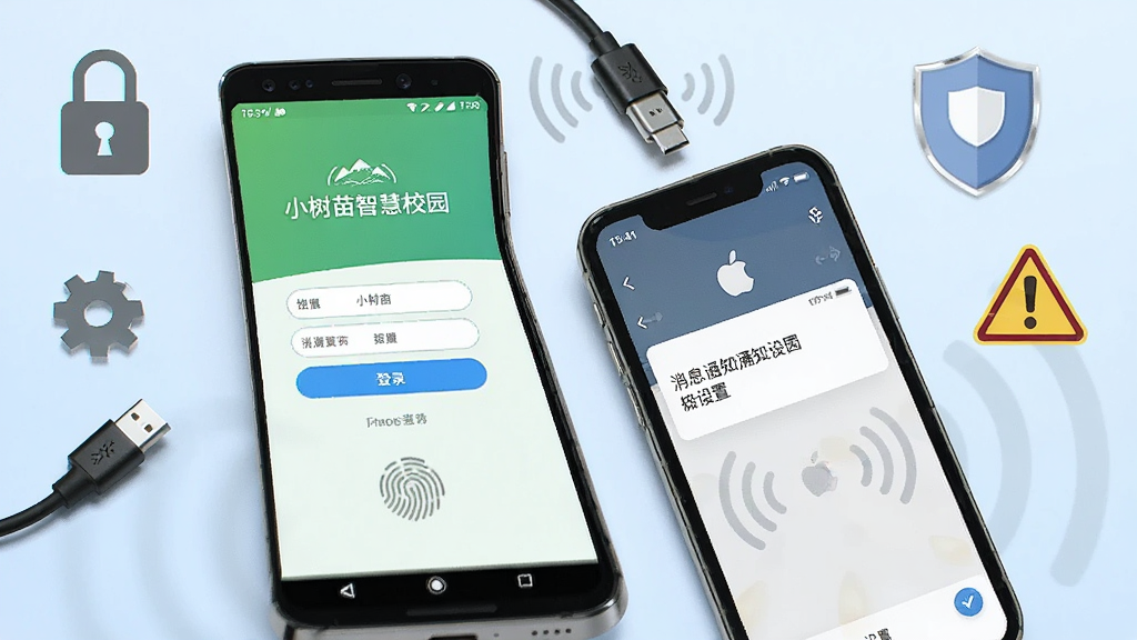 画面展示一部安卓手机和一部苹果手机并排摆放,屏幕中分别显示“小树苗智慧校园”的登录界面与消息通知设置页,手机周围散落着锁形图标、齿轮、盾牌与警告标志,布局采用对角线构图,风格为写实科技风,细节包括数据线、指纹识别图案与信号波纹,画质清晰,背景为浅蓝色渐变,干净无多余元素