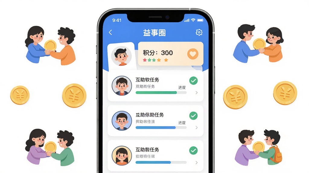 益事圈软件主界面展示,手机屏幕居中,界面中显示互助任务列表与积分卡片,周围环绕人物互助图标与金币元素,整体布局简洁明快,排版上下结构清晰,风格为扁平化卡通插画,细节包括圆形头像、勾选按钮、进度条,画质高清,干净,无多余元素