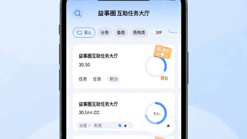 益事圈互助任务大厅界面,画面中心为手机屏幕,屏幕上展示多个任务卡片,卡片上有任务标题与积分标签,背景为浅蓝色渐变,主体突出任务列表与筛选按钮,布局采用上下滚动式排版,风格为现代简约UI插画,细节包括放大镜图标、分类标签、进度圆环,画质高清,干净,无多余元素