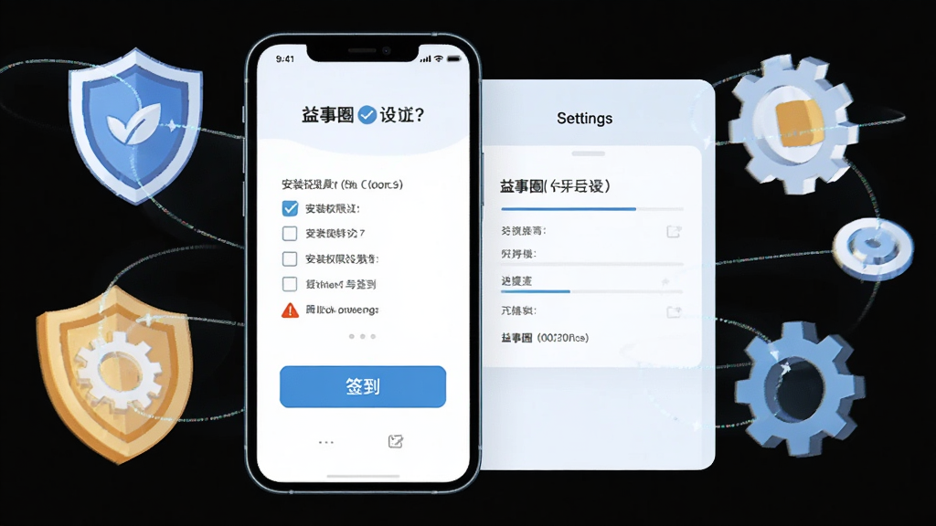 益事圈新手操作引导界面,手机屏幕显示安装权限设置与签到按钮,屏幕周围环绕盾牌与齿轮图标,主体为手机与设置面板,布局为左右分栏,风格为扁平科技插画,细节包括勾选框、进度提示、警告三角,画质高清,干净,无多余元素