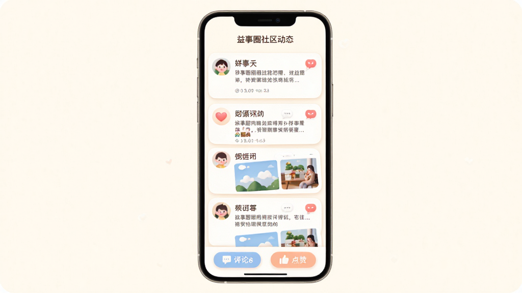 益事圈社区动态页面,手机屏幕居中展示动态信息流,包含用户头像、文字描述与图片缩略图,屏幕下方有评论与点赞按钮,背景为暖白色,主体为动态卡片列表,布局为单列纵向排版,风格为柔和圆角插画,细节包括爱心图标、消息气泡、时间戳,画质高清,干净,无多余元素