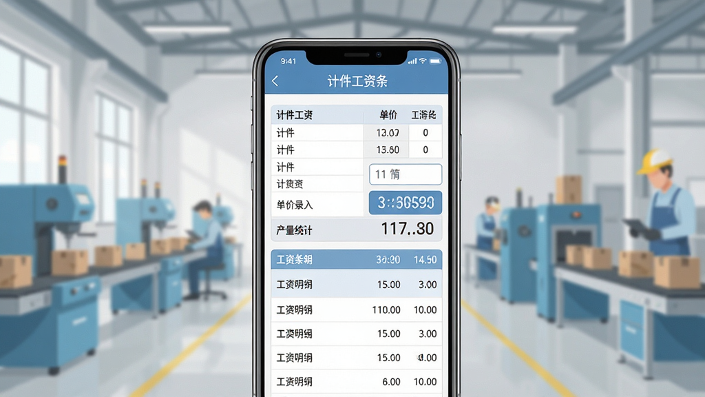 计件工资条App主界面展示,画面中央是一部智能手机,屏幕显示计件工资条软件的操作界面,界面包含计件工资表格模板、单价录入框、产量统计数字和工资条明细列表,背景是整洁的工厂车间环境,柔和光线,扁平化风格,细节清晰,画质干净,无多余元素