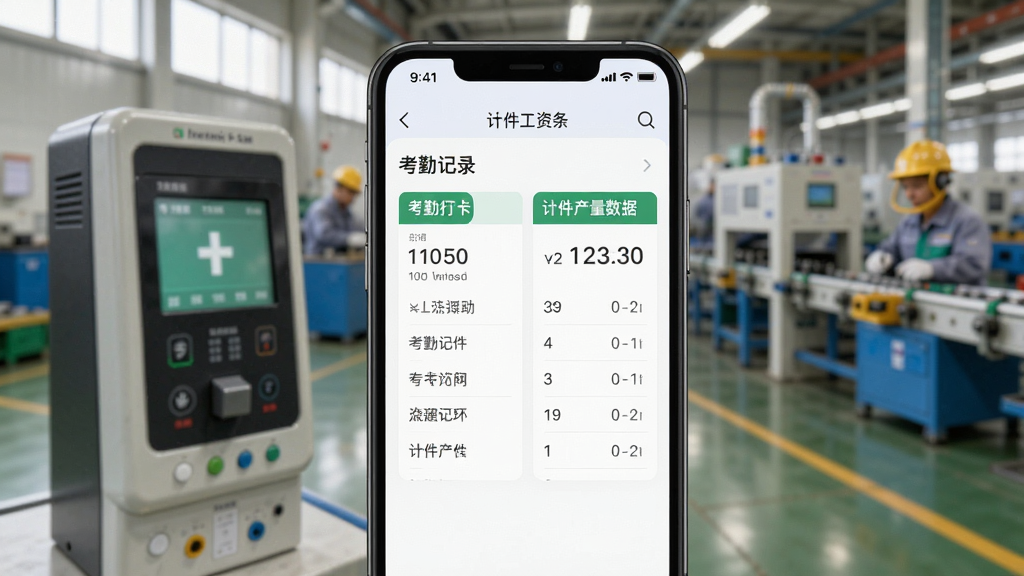 计件工资条App考勤与计件结合功能展示,手机屏幕显示考勤打卡记录与计件产量数据并列排列,界面清晰,背景是工厂打卡机和生产车间,风格写实,光线自然,画质干净,无多余元素