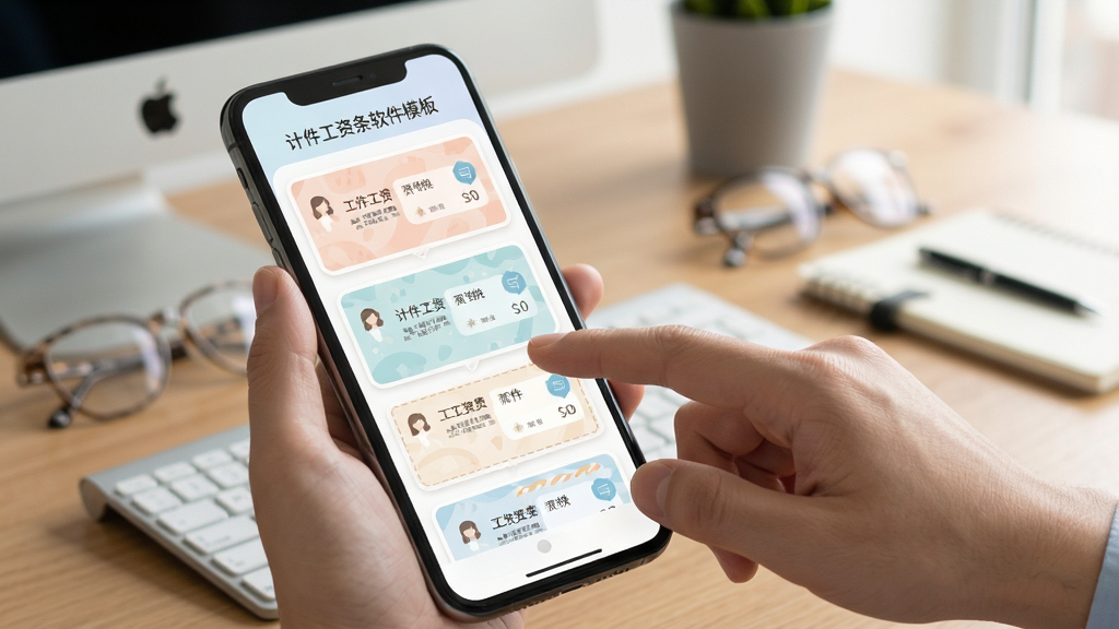 计件工资条软件模板自定义界面展示,手机屏幕显示多种工资条模板选项,用户手指正在选择模板,界面色彩柔和,背景是办公桌面,风格清新,细节清晰,画质干净,无多余元素