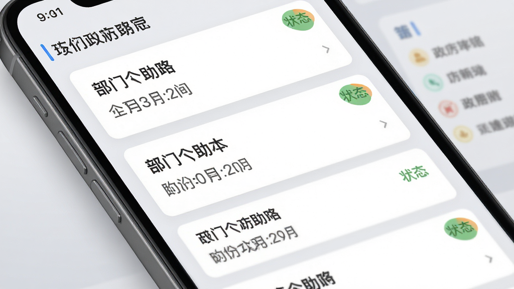 政务助手待办事项界面展示,手机屏幕中排列着多条待办卡片,每条卡片带有部门名称、时间标签和状态角标,整体布局清晰,背景为浅灰渐变,风格简洁商务,画质干净,无多余元素