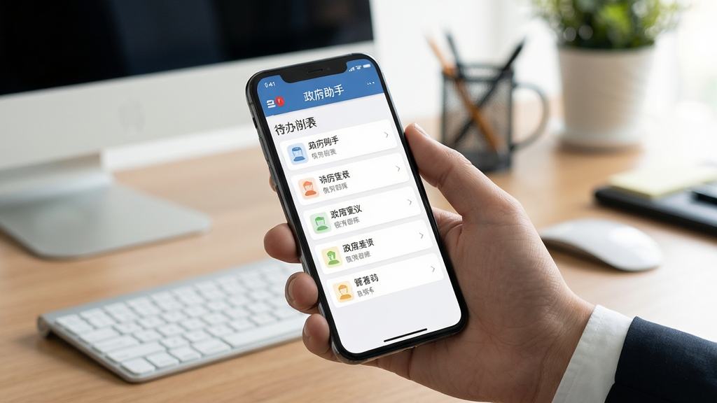 政务助手移动端使用场景,一只手握着手机,屏幕显示政务助手待办列表,背景为办公桌面,光线柔和,风格写实,画质清晰,构图简洁,无多余装饰