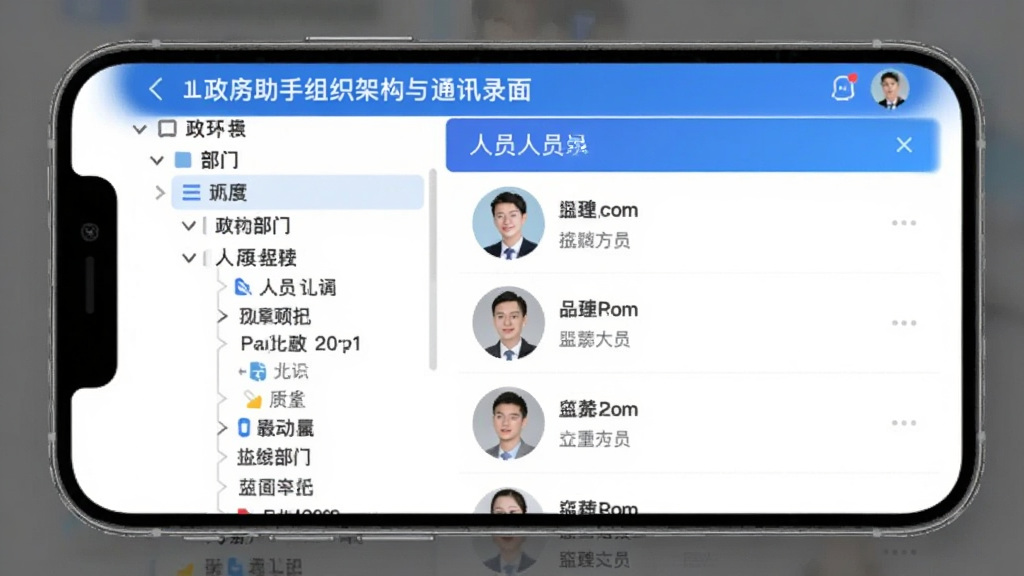 政务助手组织架构与通讯录页面,手机屏幕左侧显示部门树形目录,右侧展示人员列表与头像,配色以蓝白为主,界面干净整洁,风格现代简约,画质清晰,无杂乱元素
