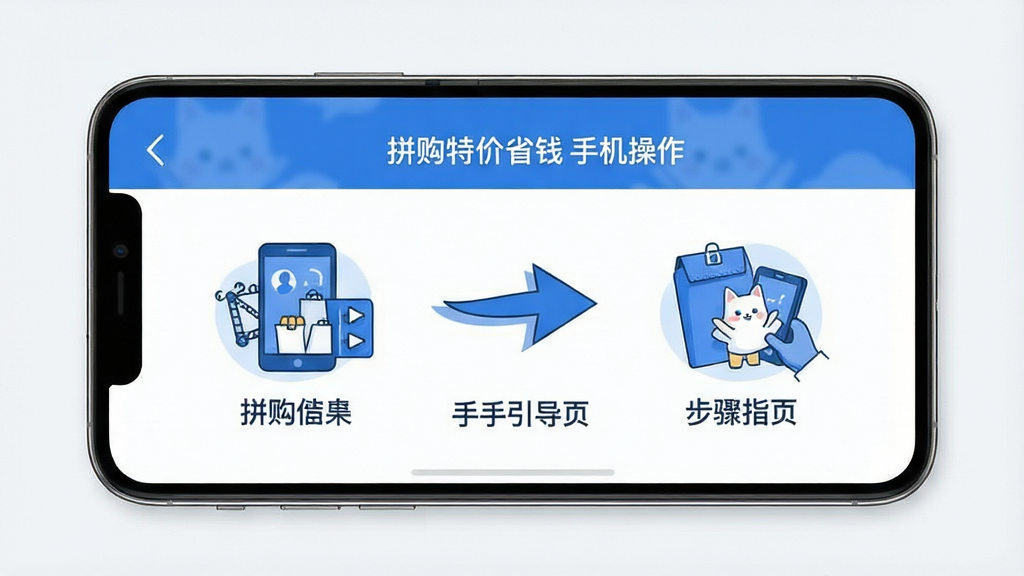 拼购特价省钱 手机操作界面 新手引导页 步骤指示 箭头标注 简洁插画风格 蓝色与白色主色调 手机屏幕展示 干净背景 高清画质 无多余装饰