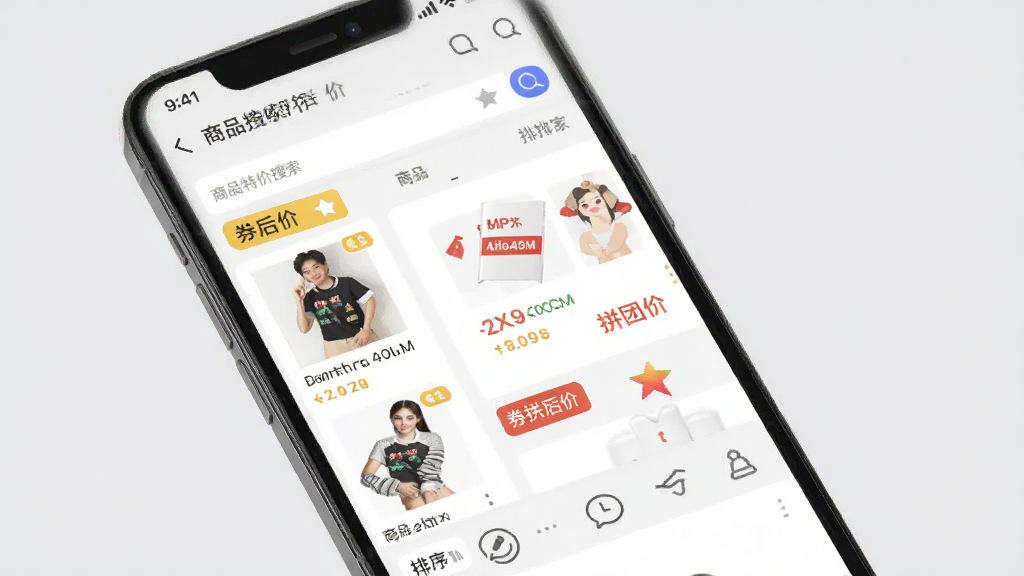 拼购特价省钱 商品搜索比价界面 搜索框 商品列表 价格对比 券后价标签 拼团价标签 排序筛选栏 浅灰色背景 手机应用截图 布局清晰 高清画质 无多余元素