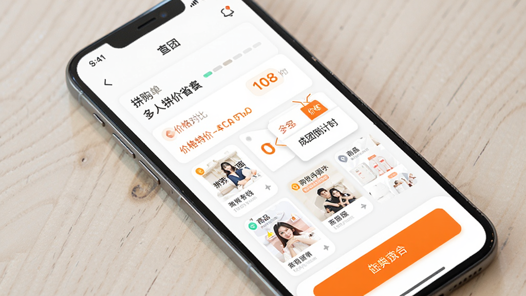 拼购特价省钱 拼团特价功能界面 多人拼单进度条 成团倒计时 商品缩略图 价格对比标签 橙色按钮 白色背景 手机应用截图风格 布局整齐 高清画质 干净无杂乱元素
