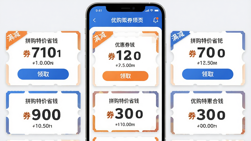 拼购特价省钱 优惠券聚合页面 多张优惠券排列 满减标签 领取按钮 券面金额醒目 蓝色与橙色搭配 手机竖屏界面 卡片式设计 清晰文字 干净背景 高清画质