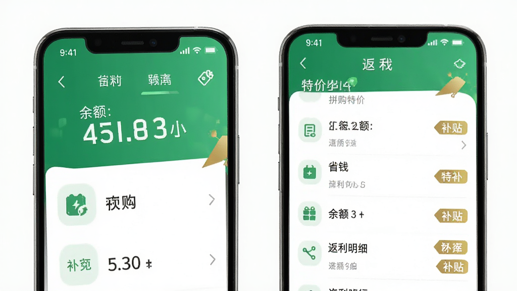 拼购特价省钱 返利与补贴中心 余额数字 返利明细列表 补贴标签 绿色与金色点缀 手机应用界面 列表式布局 简洁图标 白色背景 高清画质 干净整洁