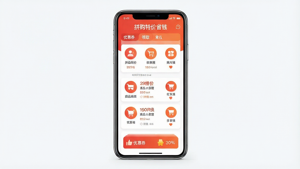 拼购特价省钱 手机购物省钱应用 主界面展示 商品拼团列表 优惠券领取入口 红色与橙色为主色调 圆形图标 简洁卡片式布局 现代扁平化设计 手机屏幕竖版构图 干净背景 无多余装饰 高清画质