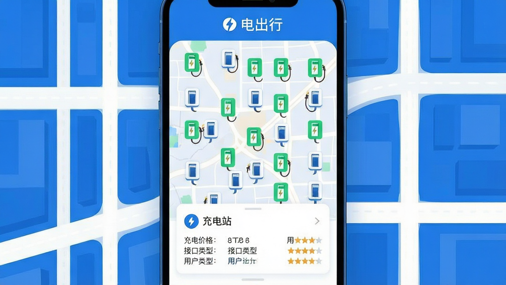 一幅展示电出行APP充电地图功能的界面截图风格插画,画面主体是手机屏幕,屏幕上显示着密集的充电桩图标分布在地图各个位置,部分图标用绿色高亮标注为空闲状态。屏幕下方弹出充电站详情卡片,清晰展示着充电价格、接口类型与用户评分。背景是抽象化的城市道路网格,整体配色以蓝白为主,风格简约现代,画面干净整洁,无多余装饰元素,突出软件名称“电出行”在界面顶部的标识,画质高清,适合作为功能介绍配图。