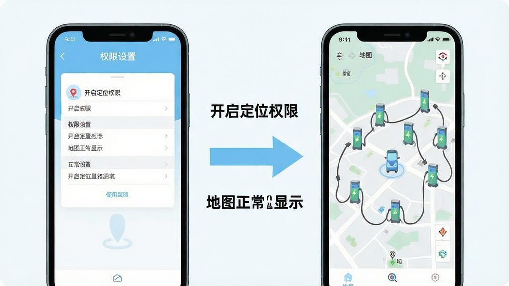 一幅展示电出行APP使用指南的图解插画,画面以手机界面截图风格呈现,左侧展示权限设置页面,右侧展示地图正常加载后的充电桩分布效果。画面中央用箭头连接两个界面,并标注“开启定位权限”与“地图正常显示”的文字说明。整体风格简洁教程风,配色以浅蓝与白色为主,画面干净整洁,无多余装饰,适合作为使用教程配图。