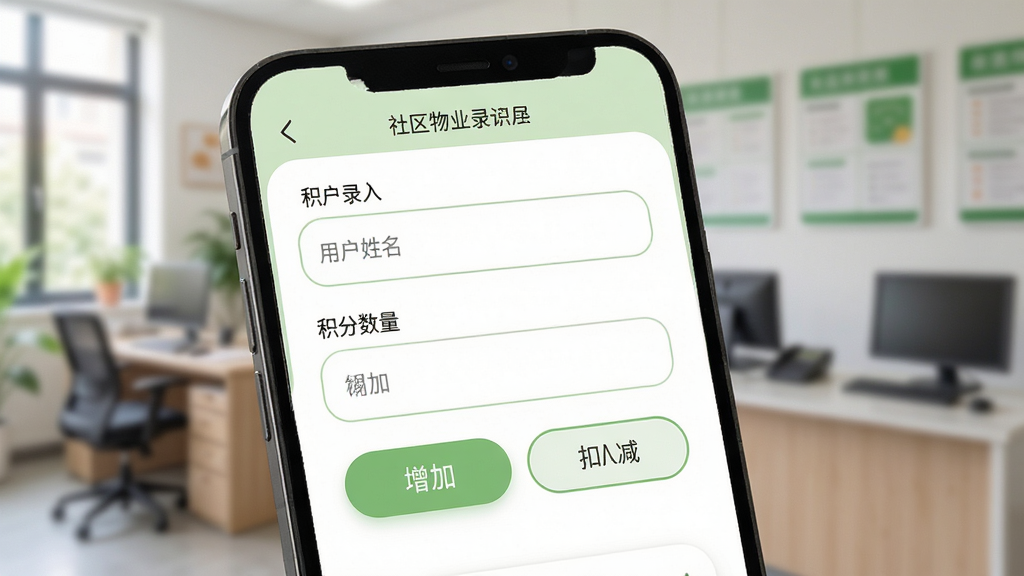 免鸟积分录入功能界面图,画面展示手机屏幕特写,屏幕中显示积分录入表单,包含用户姓名输入框、积分数量输入框、增加与扣减按钮,界面配色以白色和浅绿色为主,UI圆角设计,背景为模糊的社区物业办公室场景,整体风格清新明快,画质清晰干净,无多余元素
