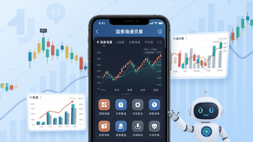 画面中央是一部智能手机,屏幕上显示“国泰海通灵犀”App首页界面,包含行情走势图与功能图标,手机周围环绕证券K线、基金图表、AI机器人等元素,背景为浅蓝色渐变金融风格,扁平化设计,布局简洁,画质清晰,干净无多余元素