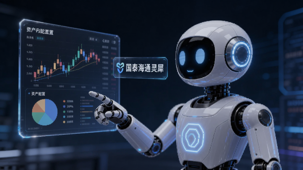 画面中央是一个发光的AI机器人形象,身旁悬浮着“国泰海通灵犀”文字标识,机器人手指向一块显示股票K线与资产配置饼图的透明屏幕,背景为深蓝色科技风格,布局左右均衡,细节精致,画质高清,干净无多余元素