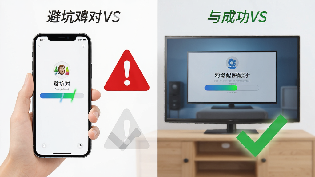 画面展示一部手机正在对电视进行遥控配对操作,手机屏幕显示配对进度条,电视屏幕显示配对确认提示,手机旁边有一个红色警示标志和绿色对勾标志分别代表避坑与成功,布局为左右对比构图,风格为信息图解风,细节包括警示标志的醒目颜色与进度条的动态渐变,画质高清,干净,无多余元素