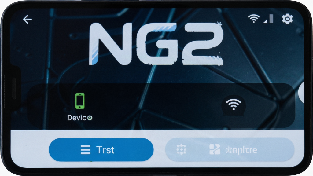 主体为一部安卓手机屏幕中显示着NG2系统的操作界面,布局采用居中构图,排版上软件Logo位于屏幕上方醒目位置,风格为现代科技感UI设计,细节包括界面中显示设备连接状态图标和功能菜单按钮,画质高清干净无多余元素