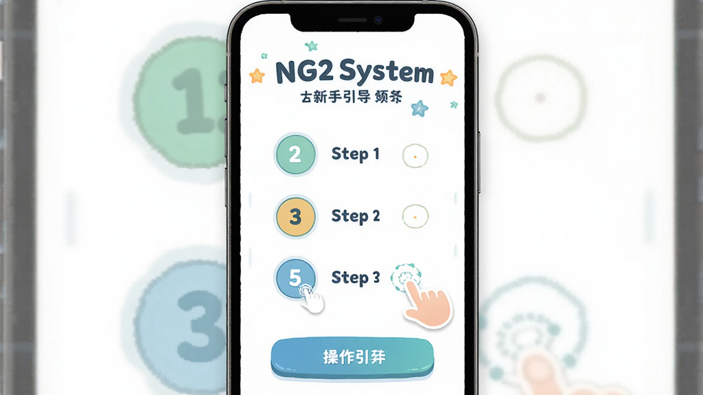 主体为NG2系统在新手引导页面的手机截图,布局采用全屏纵向布局,排版上顶部显示欢迎标题中间为步骤图示底部为操作按钮,风格为友好清新插画风格,细节包含步骤序号圆圈和手指点击引导动画,画质高清干净无多余元素