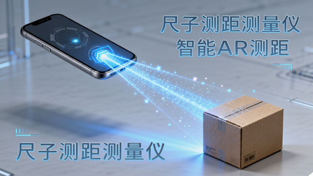 主体是一部手机悬浮在空中,屏幕射出虚拟的蓝色光线指向地面上的一个纸箱。布局是手机在左上角,光线延伸到右下角的纸箱。排版采用科幻风格,细节上光线带有粒子效果,纸箱有透视感。风格为未来科技感,画质清晰,干净,无多余元素,图片中打文字“尺子测距测量仪智能AR测距”。