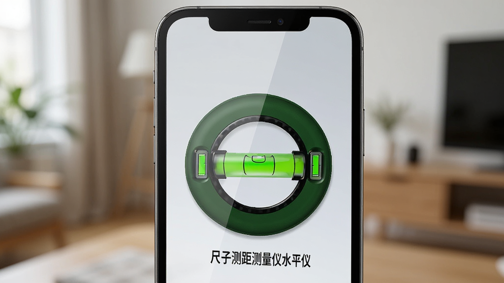 主体是一部手机侧立放置,屏幕显示着一个绿色的圆形气泡水平仪,气泡位于中心。布局是手机在画面中央,背景是模糊的室内环境。排版采用特写镜头,细节上气泡有立体感,屏幕有玻璃反光。风格为实用工具风,画质清晰,干净,无多余元素,图片中打文字“尺子测距测量仪水平仪”。