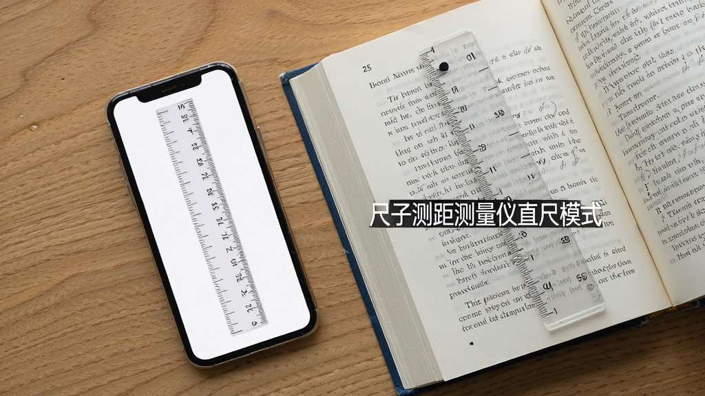 主体是一部手机平放在一本打开的书本旁边,手机屏幕显示一把透明的塑料直尺刻度。布局是书本在右,手机在左,背景是木纹桌面。排版采用俯视角度,细节上书本文字清晰,手机刻度精细。风格为生活写实,画质高清,干净,无多余元素,图片中打文字“尺子测距测量仪直尺模式”。