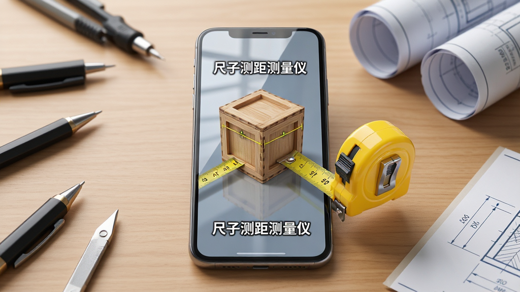 主体是一部智能手机放在桌面上,屏幕显示着一把虚拟的黄色卷尺正在测量一个木制小盒子的长度。布局是手机居中,周围散落一些文具和图纸。排版采用写实风格,细节上手机屏幕有反光和清晰的刻度线,木盒纹理清晰。风格为现代科技感,画质高清,干净,无多余元素,图片中打文字“尺子测距测量仪”。
