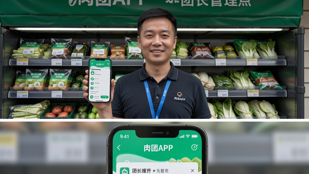 一位团长站在社区自提点前,手持手机展示