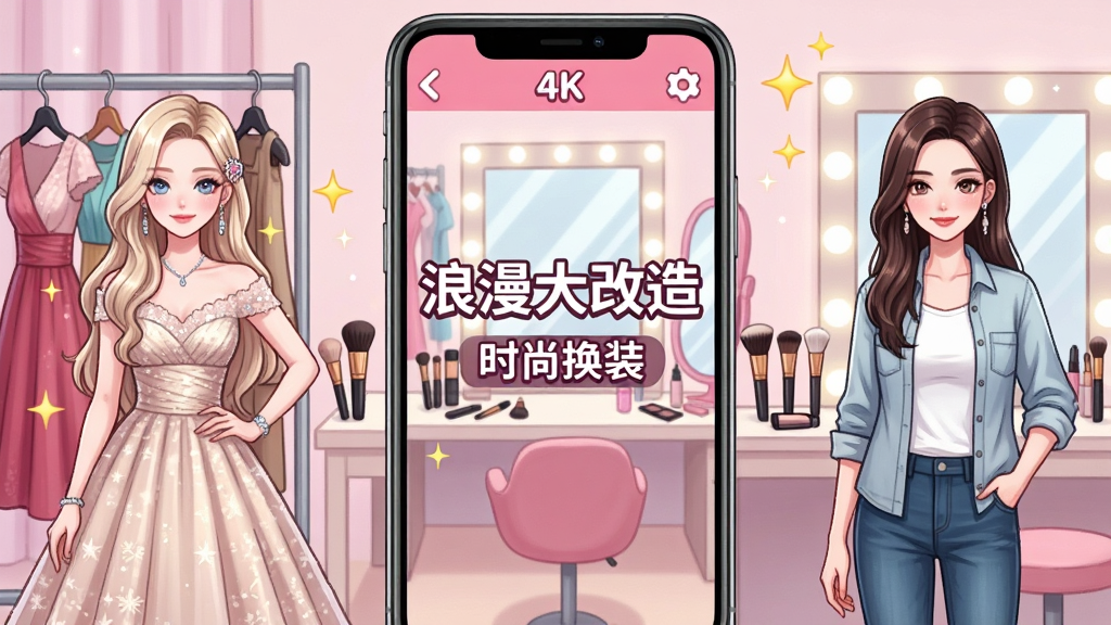 画面中央是手机屏幕展示浪漫大改造游戏界面,左右两侧分别站立身着华丽礼服与休闲装的女性角色,背景是时尚化妆间,布局采用对称构图,排版干净利落,风格为韩系二次元插画,细节包括衣架、化妆刷、镜子与闪烁的星星特效,画面中文字标注“浪漫大改造”与“时尚换装”,画质4K,干净,无多余元素